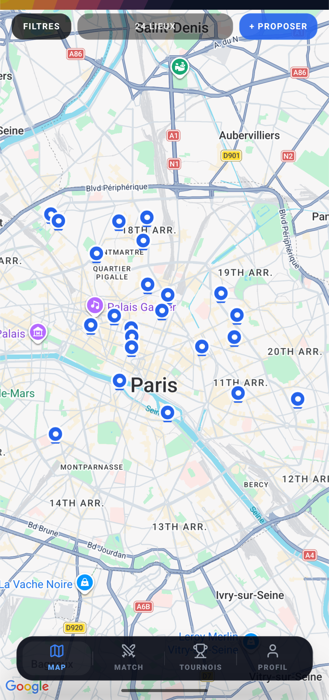 Carte interactive des babyfoots, vue des bars sur Paris