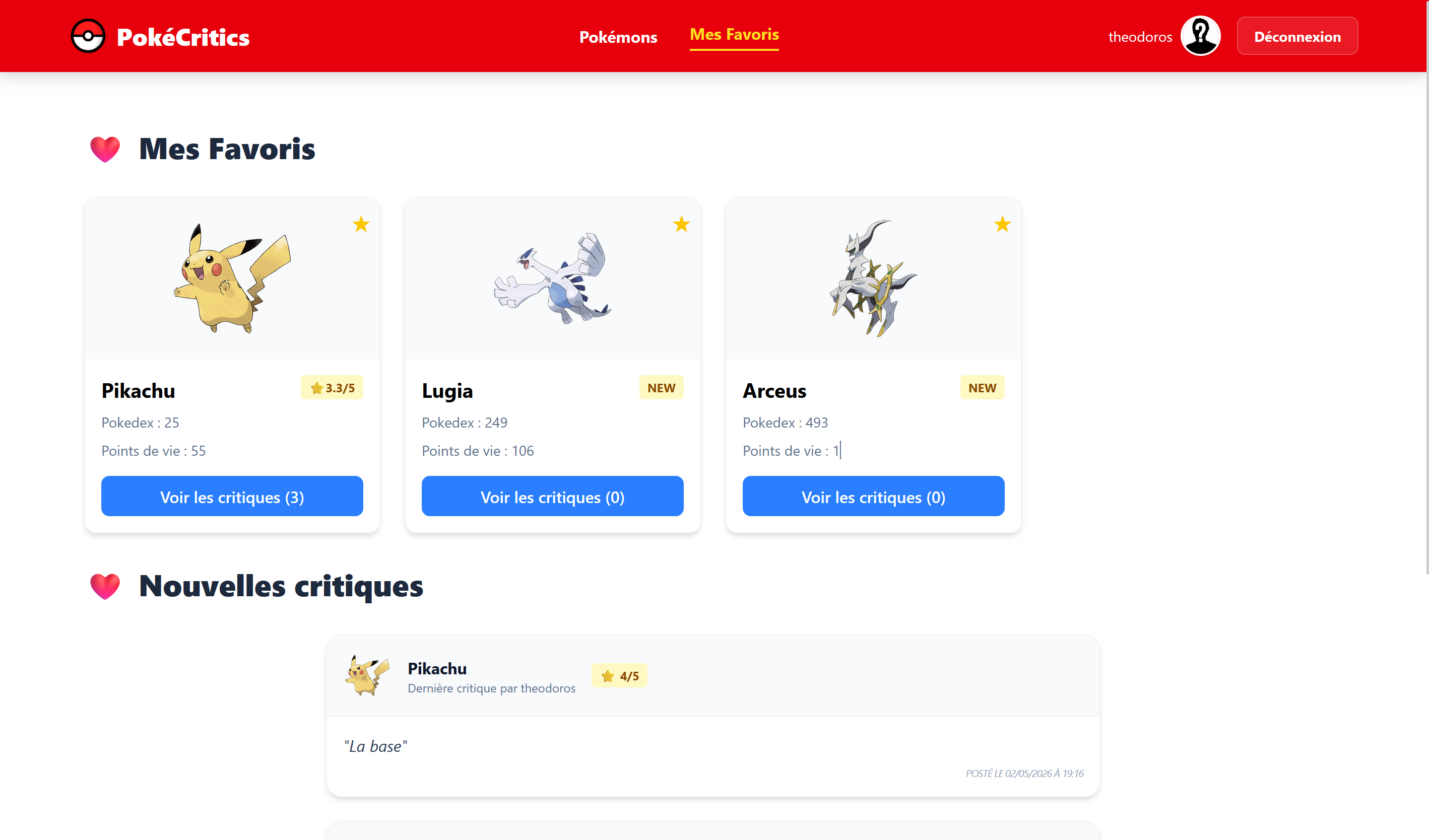 Dashboard utilisateur : suivi des Pokémon mis en favoris